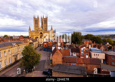 Lincolnshire is one of the most popular cities in the United Kingdom. Here a view from Lincoln Castle looking across the city just before sunset, on a Stock Photo