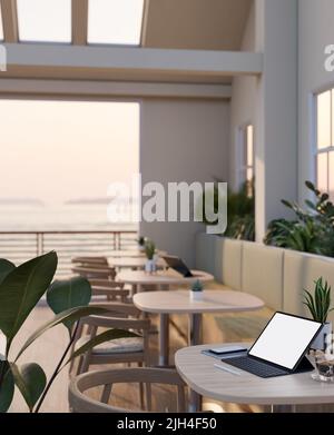 Digital tablet blank screen mockup and accessories on wood table in modern comfortable coffee shop or cafe seating area. 3d rendering, 3d illustration Stock Photo