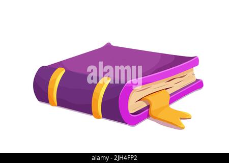 Magic book game icon, asset in cartoon style isolated on white background. Ancient, medieval spell book with gold decorations, study. Vector illustration Stock Vector