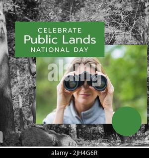 Composition of celebrate national public lands day text with caucasian woman hiking and landscape Stock Photo