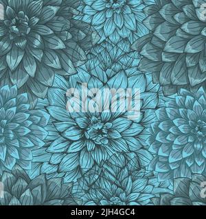 Abstract elegant seamless pattern with hand-drawn blue chrysanthemums flowers. Dahlia. Pattern for creating packaging, wallpaper, fabric. Stock Vector