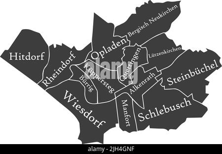 Dark gray tagged districts map of LEVERKUSEN, GERMANY Stock Vector