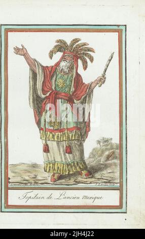 Topiltzin or high priest of the ancient Aztec or Mexica people, Mexico. In feather headdress, long fringed simar robe, sun pendant on his chest, sandals. Holding a ceremonial knife used in ritual sacrifice. Topilzin de l'ancien Mexique. Handcoloured copperplate engraving by J. Laroque after a design by Jacques Grasset de Saint-Sauveur from his Encyclopedie des voyages, Encyclopedia of Voyages, Bordeaux, France, 1792. Stock Photo