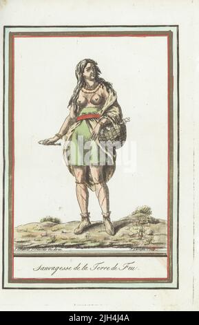 Native American woman of Tierra del Fuego, South America. In sealskin cloak, skirt with belt, necklace and bracelets of shells, leather shoes, her body painted in red. Holding a basket of fish. Perhaps of the extinct Yahgan or Selk'nam people. Sauvagesse de la Terre de Feu. Handcoloured copperplate engraving by J. Laroque after a design by Jacques Grasset de Saint-Sauveur from his Encyclopedie des voyages, Encyclopedia of Voyages, Bordeaux, France, 1792. Stock Photo
