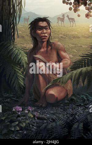 (220715) -- KUNMING, July 15, 2022 (Xinhua) -- A drawing provided by Kunming Institute of Zoology under the Chinese Academy of Sciences shows the reconstruction of a female 'Mengzi Ren (MZR)' and her living environment. Scientists have unveiled a Late Pleistocene human genome from southwest China. Their findings were published online in the journal Current Biology on Thursday night. The scientists conducted the genome sequencing of the 14,000-year-old human remains of the 'Mengzi Ren (MZR),' which were unearthed in 1989 in a cave in Mengzi, Yunnan Province. More than 30 human fossils, as wel Stock Photo