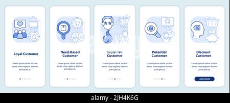 Types of customers light blue onboarding mobile app screen Stock Vector