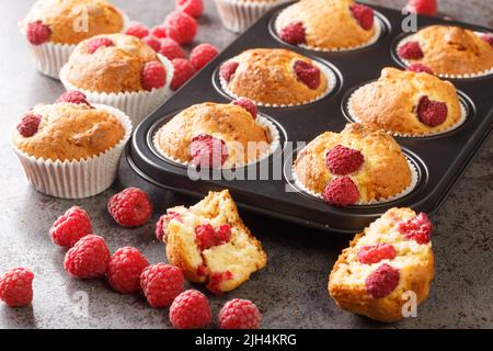 Vegan Gluten free raspberry muffins closeup on the table. Horizontal Stock Photo
