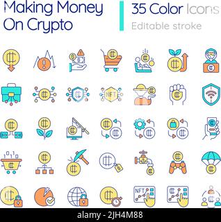 Making money on crypto RGB color icons set Stock Vector