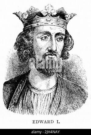 Engraved portrait of Edward I (1239 – 1307), also known as Edward Longshanks and the Hammer of the Scots. King of England from 1272 to 1307. Stock Photo