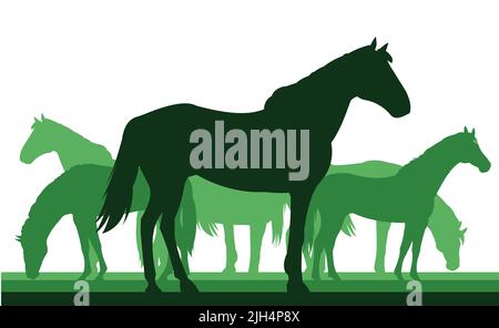 Horses are grazing. Picture silhouette. Farm pets. Animals domestic traditional. Isolated on white background. Vector Goat with kid near the herd Stock Vector