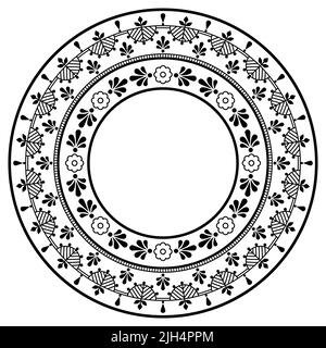 Scandinavian vector mandala design with flowers, greeting card or wedding invitation floral round frame pattern inspired by Nordic folk art in black a Stock Vector