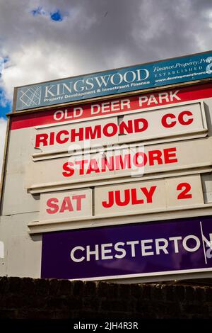 Signage at the entrance to The Old Deer Park, Richmond, Surrey, UK showing rugby fixtures Stock Photo