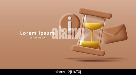Digital 3d illustration of glass sand clock with letter and info icon in brown colors. Vector illustration Stock Vector