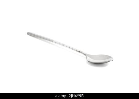 Clean shiny metal spoon isolated on white. Stainless steel small kitchen dessert teaspoon cut close up. Tablespoon. Kitchen utensils concept Stock Photo