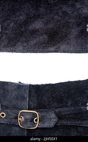 Two pieces of dark blue leather with a space for text isolated on white background. Stock Photo