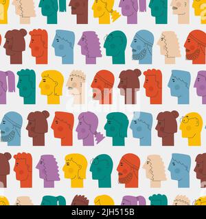 Vector seamless pattern with people's faces in profile. Cute unrealistic men and women of different colors and with a variety of hairstyles. Stock Vector