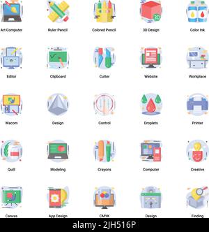 Art, drawing, and web and graphic design icons set. Flat Style vector symbols. Stock Vector