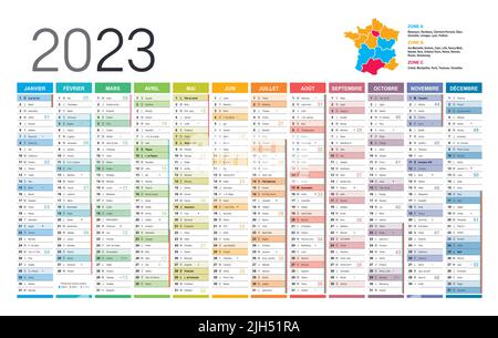 Year 2023 colorful wall calendar in French language, with weeks numbers