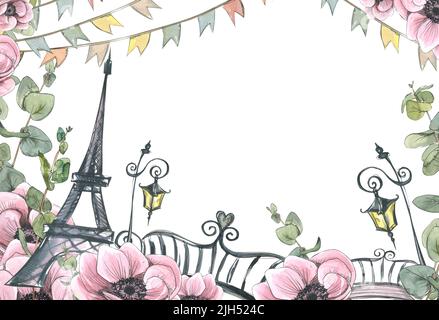 A frame with the Eiffel Tower, lanterns, a garland of flags and a bridge, anemone flowers and eucalyptus twigs. Watercolor illustration in sketch Stock Photo