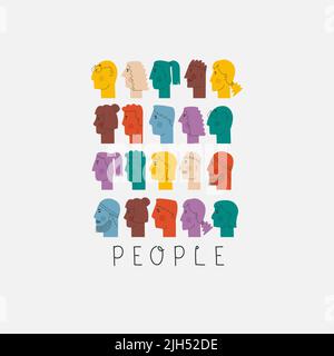 Vector illustration of people in profile isolated on white background. Cute unrealistic men and women of different skin colors and with a variety of Stock Vector