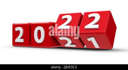 Red cubes with 2021-2022 change on a white table represents the new 2022, three-dimensional rendering, 3D illustration Stock Photo