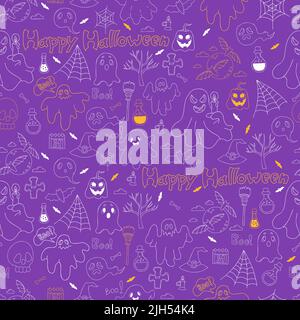 Seamless pattern Happy Halloween. Linear drawn doodles pumpkin Jack, ghost, grave, skull with crossbones and full moon with bats, scythe and broom Stock Vector