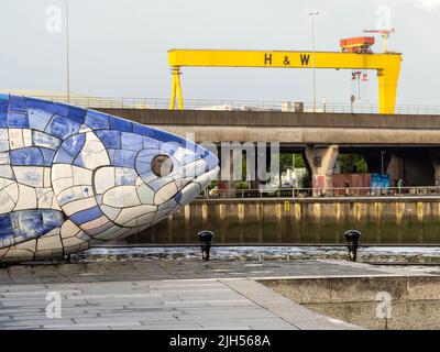 The Salmon of Knowledge (The Big Fish) situated on the River Lagan with Harlem and wolf in the background. Stock Photo