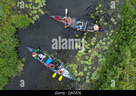 Brandenburg, Germany. 15th July, 2022. 15 July 2022, Brandenburg, Schwedt/Oder: For the start of the 16th canoeing season in the Lower Oder Valley National Park, participants are on the move in two canoes on a narrow water ditch (aerial photo with a drone). Until November 14, the wild floodplain landscape can be explored in the company of qualified canoe guides. Visitors of such a canoe tour get unique insights into the floodplain landscape of the Lower Oder Valley. During the canoeing season in the national park, paddlers have had a choice of three guided tours on defined routes since 2007. T Stock Photo