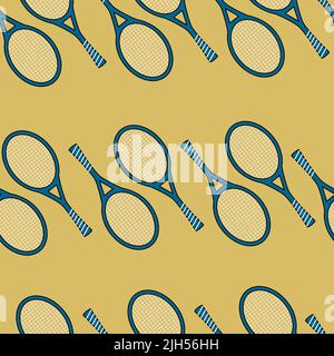 Seamless pattern with rows of Tennis rackets on yellow background. Repeat vector design. Great for fabric, products, wrapping paper, sports goods. Bac Stock Vector