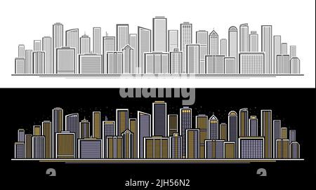 Vector Panoramic Skyline, monochrome horizontal art concept with linear design skyline city scape on white background and decorative banner with illum Stock Vector