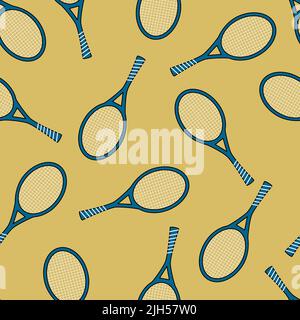 Seamless pattern with random Tennis rackets on yellow background. Repeat vector design. Great for fabric, products, wrapping paper, sports goods. Back Stock Vector