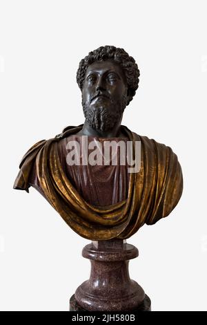 Bust of the Roman Emperor Marcus Aurelius, on display in the National Roman Museum Palazzo Altemps. Rome, Italy, Europe, EU. Stock Photo