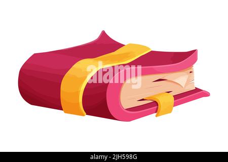 Red magic book game icon, asset in cartoon style isolated on white background. Ancient, medieval spell book with gold decorations, study. Vector illustration Stock Vector