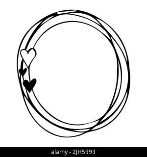 Elegant oval floral frame, border silhouette in hand drawn doodle style isolated on white background. Wreath decoration, delicate clip art. Vector illustration Stock Vector