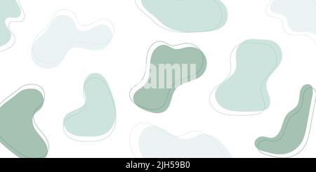Trendy hand drawn horizontal abstract background in pastel colors with copy space. Random halftone green blobs with outline in white background Stock Vector