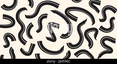 Trendy abstract horizontal background with space for text. Random black strokes with calligraphic brush on beige background. Stylish banner template Stock Vector