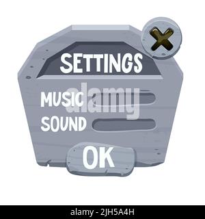 Stone game menu template textured comic in cartoon style isolated on white background. Ui game asset, interface design. Vector illustration Stock Vector