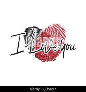 Fingerprint, Heart illustration. Happy Valentine's Day. Modern calligraphy script love text. vector illustration. Design for printing on shirts, poste Stock Vector