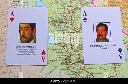 Saddam Hussein & Uday Saddam Husayn, ace of spades playing cards, issued by USA, during coalition war in Iraq, 2003 invasion,Iraqi Most Wanted Stock Photo