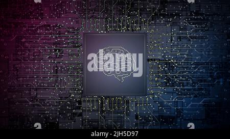 3d computer chip cpu with human brain. Processor on technology board. Ai, science, data, network concept. . High quality photo Stock Photo