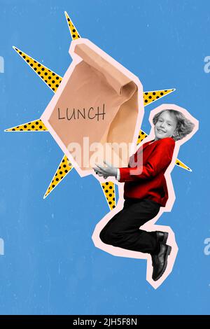 Vertical collage picture of crazy overjoyed small boy black white colors arms hold lunch package isolated on blue background Stock Photo