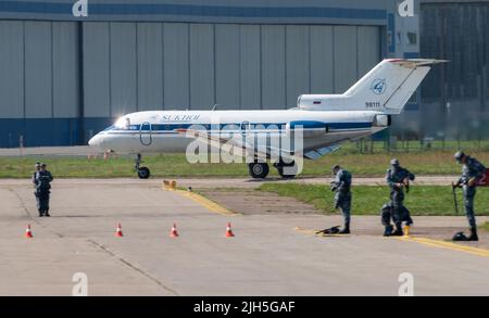 August 30, 2019, Moscow region, Russia.  Russian turbojet passenger aircraft for local airlines Yakovlev Yak-40 of Sukhoi Airlines Stock Photo
