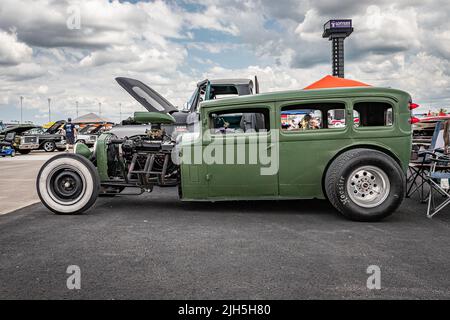 Lebanon, TN - May 14, 2022: Low perspective side view of a 1930 DeSoto Straight Eight CF Sedan Rat Rod at a local car show. Stock Photo