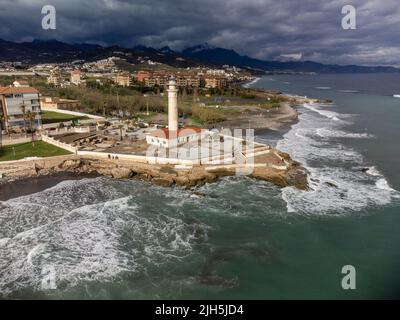 Aerial panoramic view on coastline in Torrox Costa, Costa del Sol, small touristic town between Malaga and Nerja, Andalusia, Spain. Overwinter in Spai Stock Photo