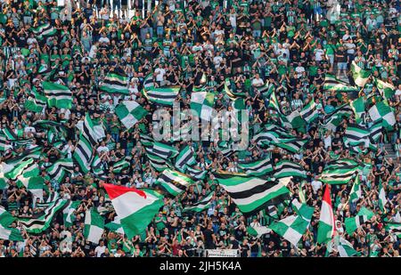Budapest, Hungary – May 6, 2023. Ferencvaros fans celebrating 34th