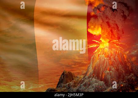 stratovolcano blast eruption at night with explosion on Mali flag background, suffer from disaster and volcanic ash conceptual 3D illustration of natu Stock Photo
