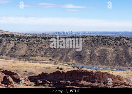 The view of Downtown Denver and Red Rocks Amphitheater from Mount Morrison in Denver, Colorado Stock Photo