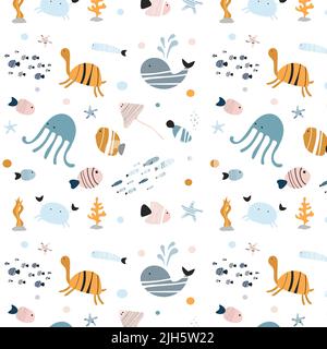 Children's illustration of the underwater world. Seamless pattern Stock Vector