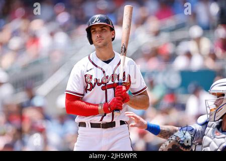 Atlanta Braves' Matt Olson looks on during a baseball game against the