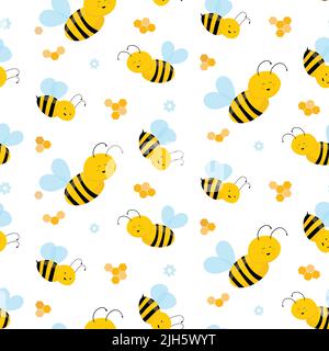 Flying cute bees seamless pattern. Vector cartoon black and yellow bumblebees isolated on white background. Stock Vector